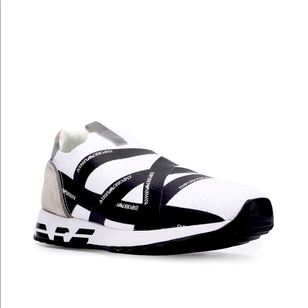 NWT Emporio Armani slip on cross over logo strap sneakers in white